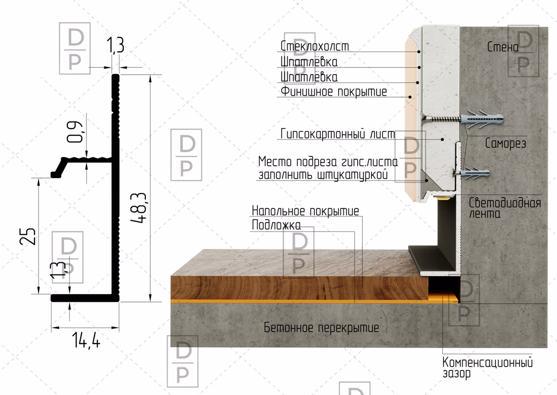 Плинтус с ножкой AP1029 алюминиевый - Строительный профиль для ГКЛ